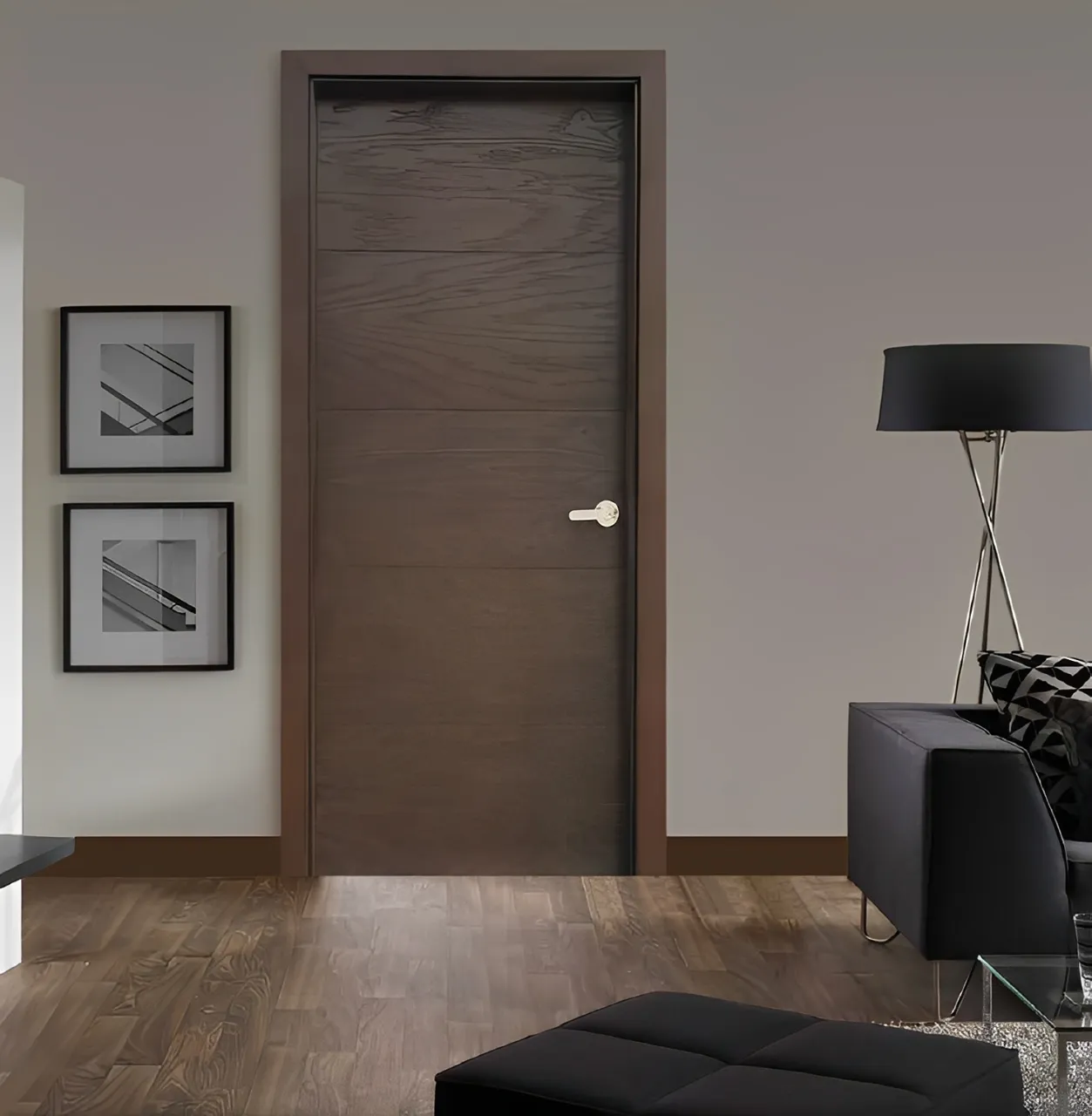 Muestra de puerta prefabricada café oscuro con grabados comercializada por Grupo Dor